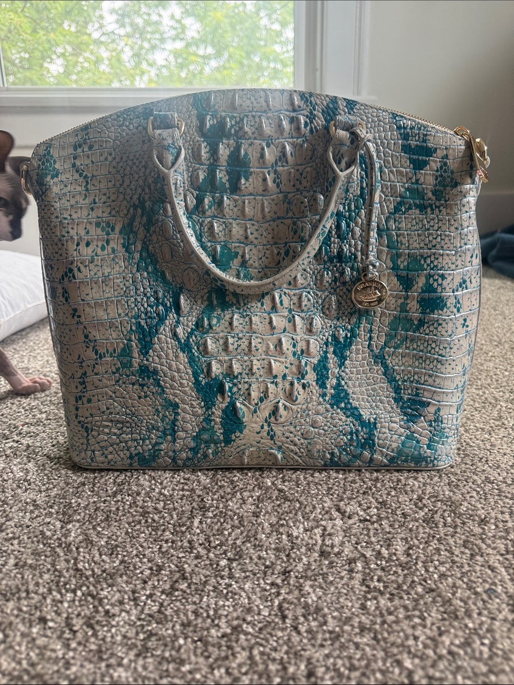 Brahmin Cream Tote with Teal Croc-Embossed Accents